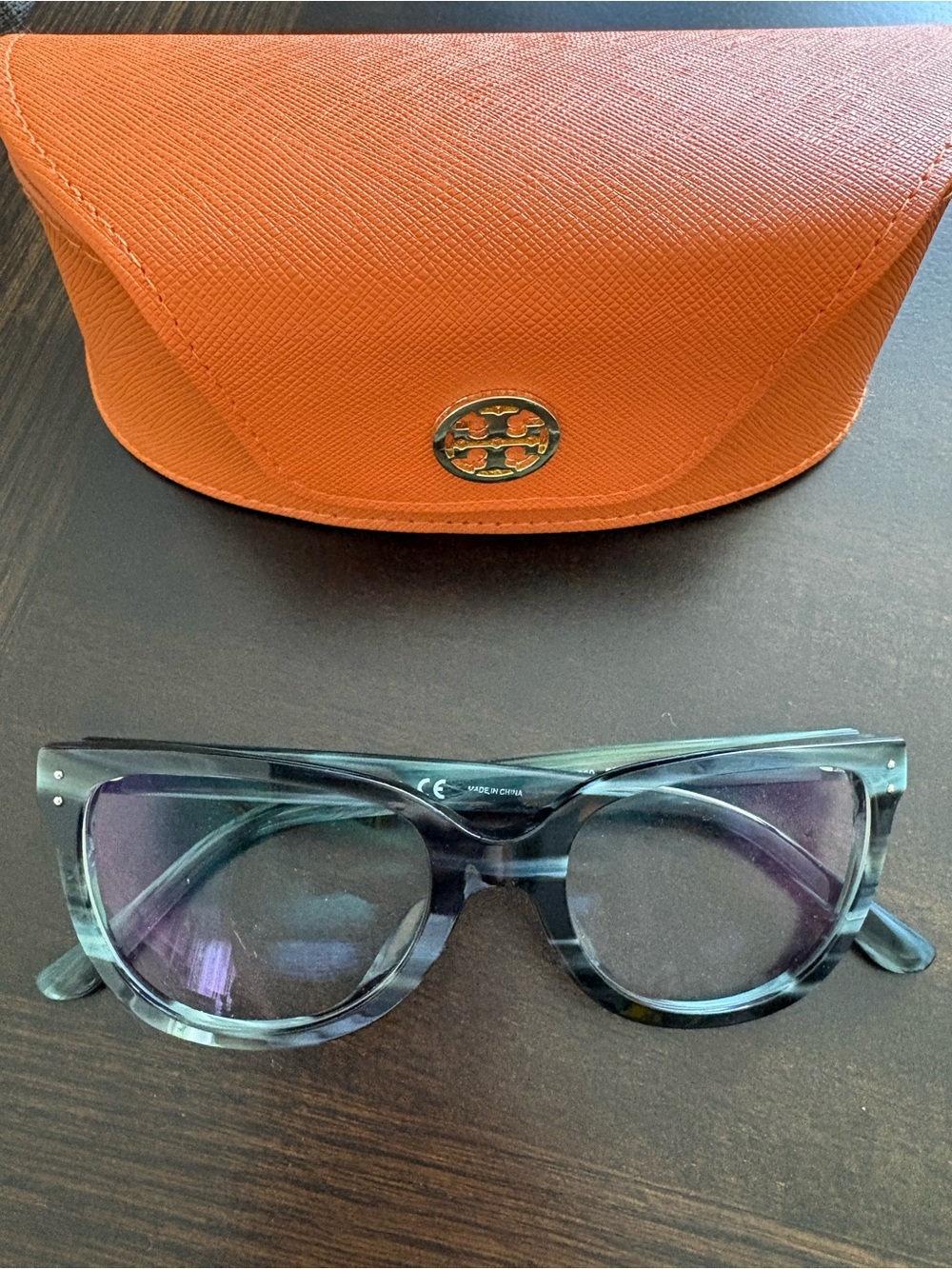 Tory Burch Orange Case with Blue-Green Marbled Glasses